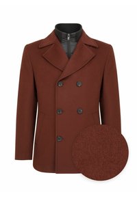 Brązowy wełniany płaszcz typu peacoat z podwójnym zapięciem na guziki, dużymi klapami, bocznymi kieszeniami oraz prążkowanym wewnętrznym kołnierzem. Zawiera próbkę tkaniny.