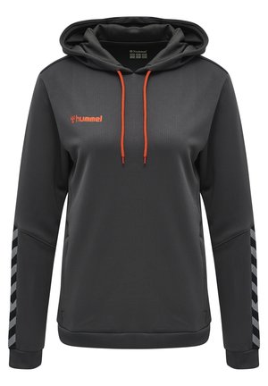 Mørkegrå hættetrøje med orange snore, hummel-logo på brystet og reflekterende vinkellinjer på ærmerne.