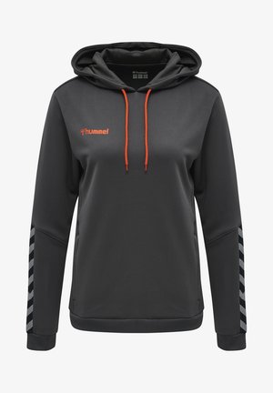 Mørkegrå hættetrøje med orange snore, hummel-logo på brystet og reflekterende vinkellinjer på ærmerne.