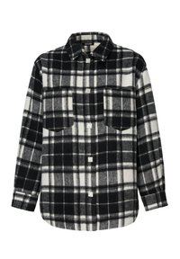 Svartvit rutig knapp-up skjorta/jacka med två bröstfickor och klassisk krage, långa ärmar och fyrkantiga knappar.