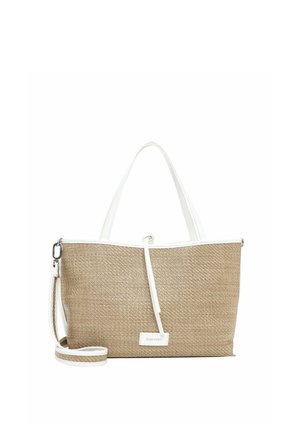 Beige vævet indkøbsnet med hvid kant, to håndtag, aftagelig skulderrem og frontmærke med diskret logo.