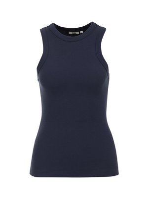 Laivastonsininen hihaton paita, joka on valmistettu ribbineuloksesta. Paidassa on pyöreä pääntie ja tiukka siluetti. Pinta on sileä ilman näkyviä kuvioita.