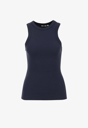 Laivastonsininen hihaton paita, joka on valmistettu ribbineuloksesta. Paidassa on pyöreä pääntie ja tiukka siluetti. Pinta on sileä ilman näkyviä kuvioita.