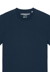 Dunkelblaue Baumwoll-T-Shirt mit rundem Ausschnitt, kurzen Ärmeln und geradem Saum. Verfügt über ein Etikett mit Pflegehinweisen im Kragen.