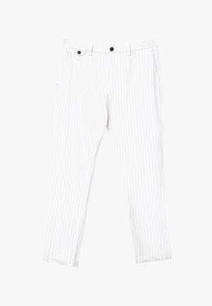 White pinstriped pants with a slim fit, featuring two front pockets, button closure, and cuffed ankles. Made of lightweight fabric.