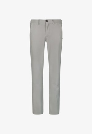 Lichtgrijze broek gemaakt van een gladde stof. Heeft een standaard tailleband met een knoopsluiting en een klassiek recht model.