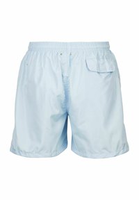 Helle blaue, leichte Badshorts mit elastischem Bund, genähtem Saum und einer Seitentasche. Das Material wirkt glatt und wasserabweisend.