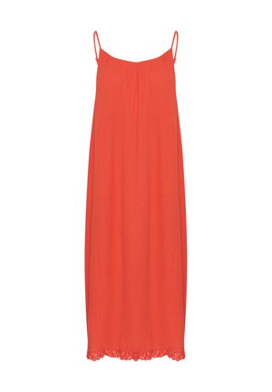 Sarkana bez piedurknēm kleita ar brīvu piegriezumu, izgatavota no viegla auduma, ar savākto krūšu daļu un mežģīņu apdari apakšmalā.