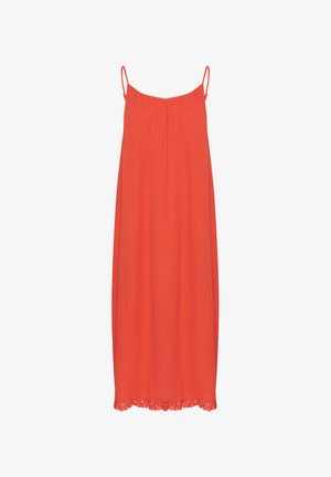 Rotes ärmelloses Kleid mit lockerer Passform, aus leichtem Stoff gefertigt, mit einer gerafften Brustpartie und Spitzenbesatz am Saum.