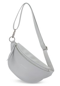 Borsa a tracolla in pelle grigia con forma curvata, chiusura a cerniera e tracolla regolabile. Il design minimalista presenta un dettaglio del logo impresso.