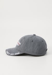Gray cotton baseball cap with a curved brim, side embroidered text, and logo patch on the front. Features textured fabric and ventilation holes.