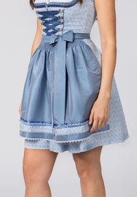 Light blue dirndl dress featuring a patterned bodice, satin skirt, lace trim, ribbon waist tie, and decorative buttons along the back.