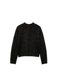Czarny sweter dziany z okrągłym dekoltem, długimi rękawami i krótkim obszyciem. Charakteryzuje się nakrapianą fakturą z różnokolorowymi nitkami.