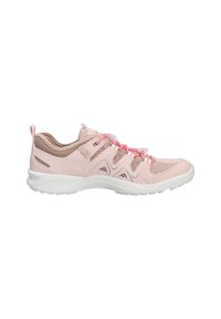 Baskets de sport rose clair avec tige en mesh et en synthétique, semelle en caoutchouc blanche, lacets roses et découpes latérales pour la respirabilité.