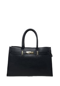 Borsa a tracolla in pelle nera con finitura testurizzata, doppi manici e dettagli in metallo dorato. Presenta una cinghia orizzontale e un accento centrale con logo.