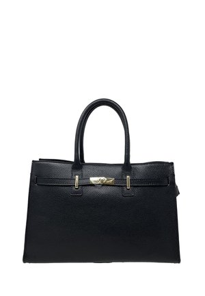 Borsa a tracolla in pelle nera con finitura testurizzata, doppi manici e dettagli in metallo dorato. Presenta una cinghia orizzontale e un accento centrale con logo.