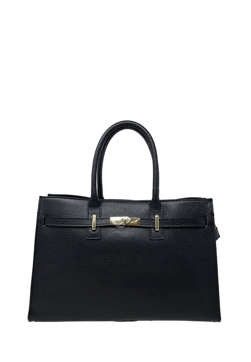Borsa a tracolla in pelle nera con finitura testurizzata, doppi manici e dettagli in metallo dorato. Presenta una cinghia orizzontale e un accento centrale con logo.