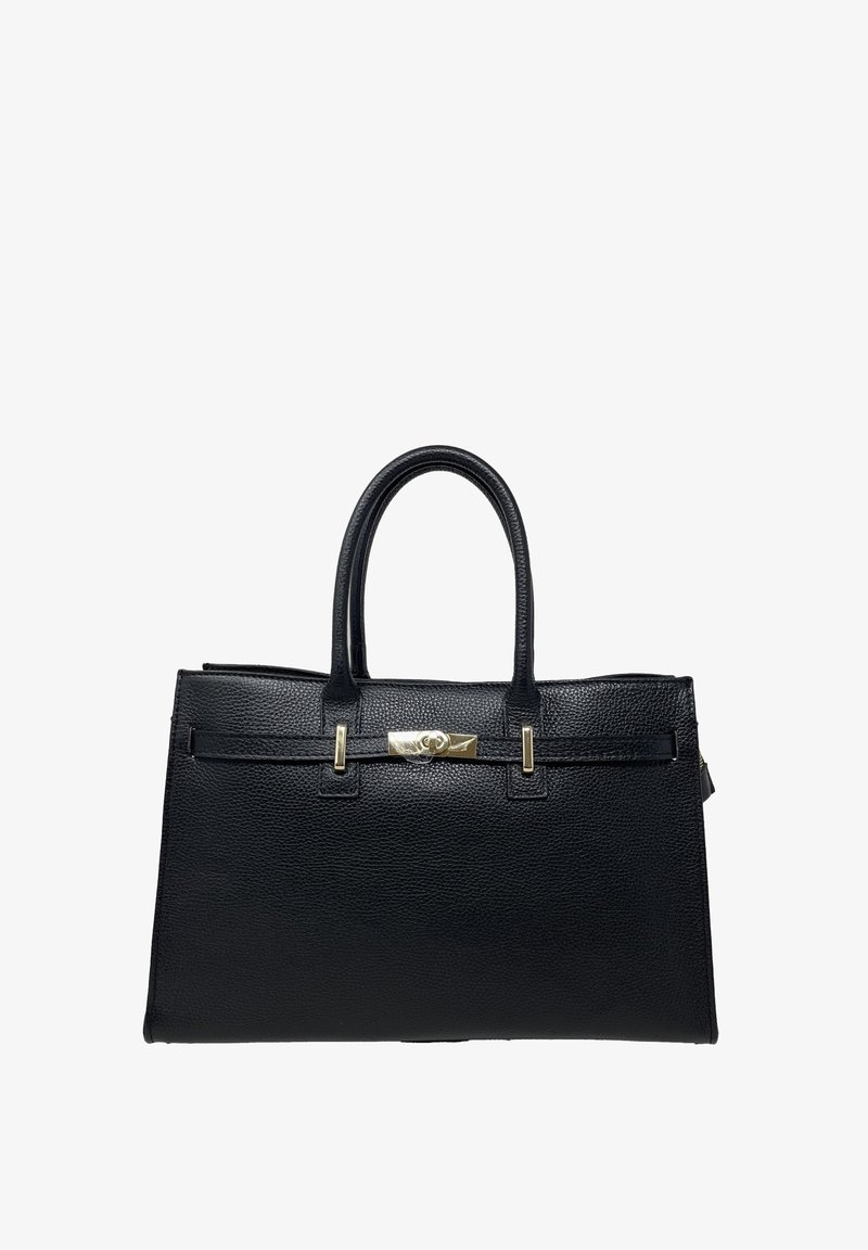 Borsa a tracolla in pelle nera con finitura testurizzata, doppi manici e dettagli in metallo dorato. Presenta una cinghia orizzontale e un accento centrale con logo.