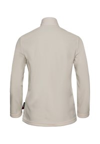 Polo a maniche lunghe color beige chiaro con un colletto alto, texture liscia e dettagli di cucitura sottili. Presenta un'etichetta con il marchio sul lato.