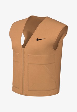 Bežna brezrokavnik s dizajnom v obliki črke V, ki ima sprednji zadrgo in dve veliki žepu, okrašen z črnim logotipom Nike na prsih.
