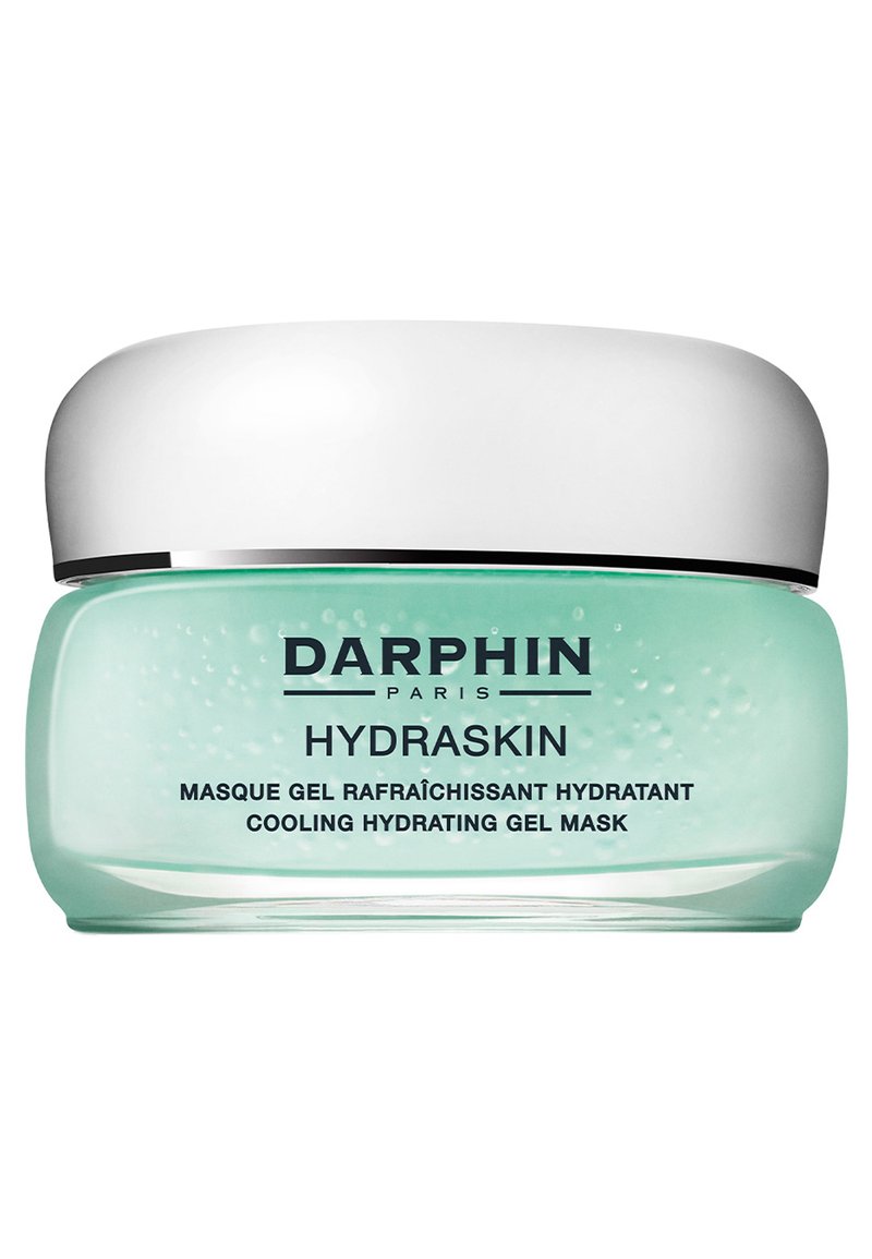 Żelowy maska nawilżająca Darphin Hydraskin w przezroczystym turkusowym słoiczku z białą pokrywką. Na słoiczku znajdują się szczegóły dotyczące produktu.