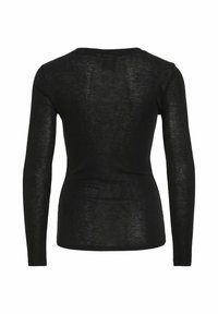 Top negro de manga larga con cuello redondo, hecho de un tejido ligero y ligeramente transparente. Presenta una silueta ajustada y una textura suave.