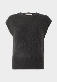 Ciemnoszara, krótko rękawowa sweter wykonany z miękkiego, puszystego materiału. Okrągły dekolt z minimalnymi szwami i luźny krój.