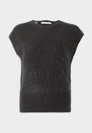 Temno siva, kratka majica z rokavi, izdelana iz mehkega, puhastega materiala. Okrogla izreza brez vidnih šivov in sproščen kroj.