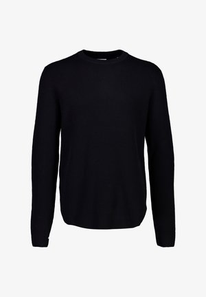 Czarny, prążkowany sweter dzianinowy z długimi rękawami i okrągłym dekoltem, z teksturowanym wzorem i luźnym krojem. Brak ozdób i elementów metalowych.