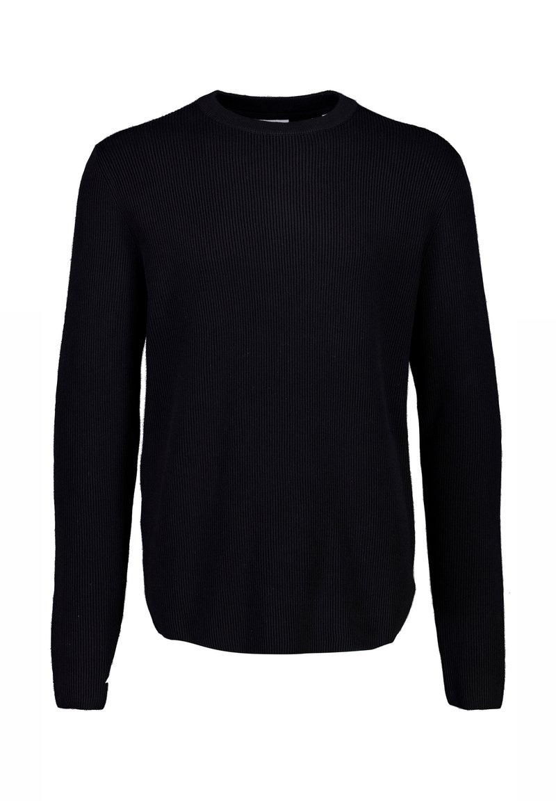 Schwarzer gerippter Strickpullover mit langen Ärmeln und Rundhalsausschnitt, der ein strukturiertes Muster und eine lässige Passform aufweist. Keine Verzierungen oder Hardware.