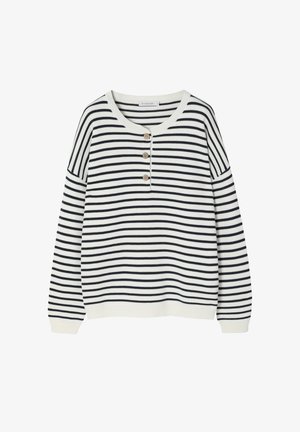 Gestreepte trui in wit en marineblauw, met een ronde hals, drie houten knopen bij de placket en geribbelde manchetten en zoom.