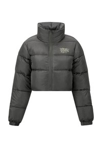 Gekürzte Steppjacke in dunkelgrau. Verfügt über einen hohen Kragen, einen Frontreißverschluss, horizontale Nähte und elastische Bündchen. Minimales Logo-Detail auf der Brust.