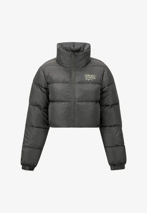 Lyhennettävä puffatakki tummanharmaana. Ominaisuuksiin kuuluvat korkea kaulus, etuvetoketju, vaakasuorat tikkausompeleet ja joustavat hihansuut. Vähäinen logotieto rinnassa.