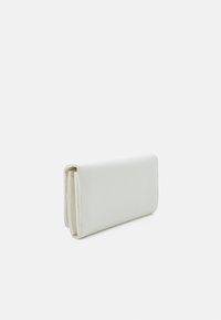 White synthetic leather wallet, rectangular shape with textured finish, features a flap closure and multiple card slots inside.