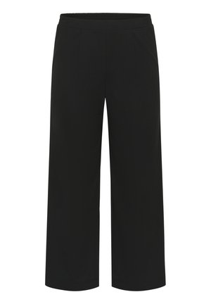 Pantalon noir à jambes larges avec une ceinture élastique et des détails discrets de couture à l'avant, présenté sur un fond blanc.
