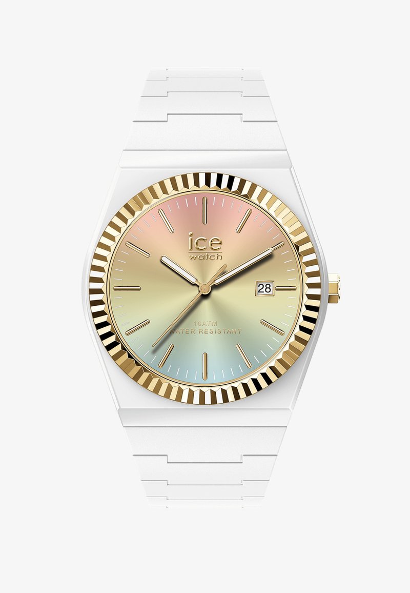 Orologio da polso bianco con quadrante a sfumatura arcobaleno, lunetta zigrinata dorata, indici e lancette dorati, datario alle 3 e cinturino bianco segmentato.