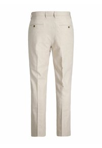 Jasnobeżowe, dopasowane spodnie z pętlami na pasek, dwie tylne kieszenie wszywane z zapięciem na guzik, prosty krój nogawki.