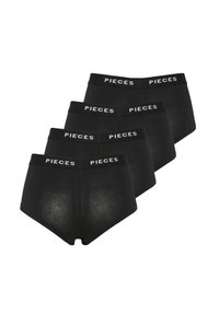 Fekete pamut bugyikészlet, magas derék dizájnnal, "PIECES" felirattal ellátott logós derékrésszel fehér színben, sima textúrájú, négy darabból álló csomag.
