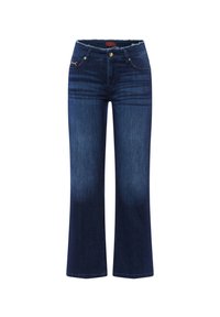 Donkerblauwe denim jeans met een flared pijp, onafgewerkte zoom, vijf-pocket ontwerp en een subtiele vervagingseffect, voorzien van een gouden knoopsluiting.