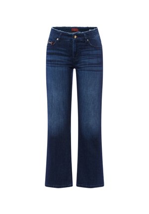 Dark blue denim jeans with a flared leg, raw hem, five-pocket design, and a subtle fade effect, featuring a golden button closure.