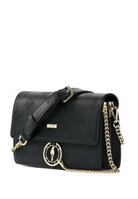 Czarna skórzana torebka o fakturowanym wykończeniu, ze złotymi akcentami, logotypem oraz regulowanym łańcuszkiem. Posiada zapięcie na klapę.