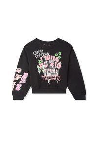 Felpa nera corta con testo e grafica audaci e colorati in rosa e verde, con polsini e orlo a costine.