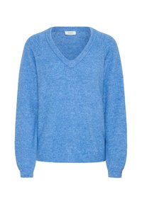 Maglione azzurro chiaro a V con maniche lunghe e polsini e orlo a coste, realizzato in un morbido tessuto a maglia.