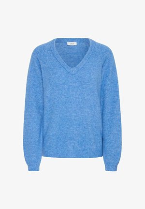 Maglione azzurro chiaro a V con maniche lunghe e polsini e orlo a coste, realizzato in un morbido tessuto a maglia.