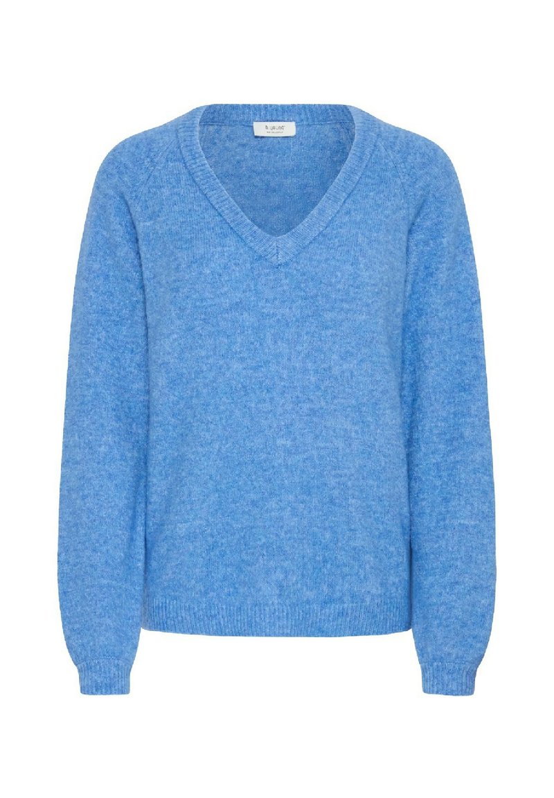 Maglione azzurro chiaro a V con maniche lunghe e polsini e orlo a coste, realizzato in un morbido tessuto a maglia.