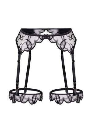 Ζώνη ζαρτιέρας από μαύρη δαντέλα με κυματιστά άκρα, διαθέτει ρυθμιζόμενους ιμάντες και μεταλλικά στοιχεία σε χρυσό τόνο. Η λεπτή υφή από δίχτυ ενισχύει το σχέδιο.