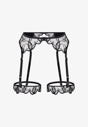 Čierny čipkovaný podväzkový pás s vlnitými okrajmi, vybavený nastaviteľnými ramienkami a kovovými detailmi v zlatej farbe. Jemná sieťovaná textúra zdôrazňuje dizajn.