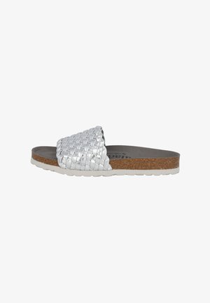 Silver, woven slide sandal with a cork sole, textured upper, flat design, and white rubber outsole. Casual and open-toe style.