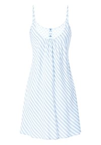 Vestido sin mangas de color azul claro con rayas diagonales blancas, que cuenta con una botonadura y tejido fruncido en el pecho para un ajuste holgado.