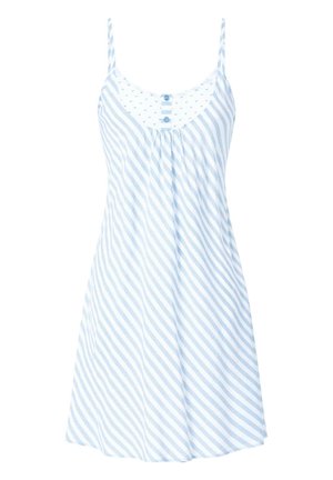 Vestido sin mangas de color azul claro con rayas diagonales blancas, que cuenta con una botonadura y tejido fruncido en el pecho para un ajuste holgado.